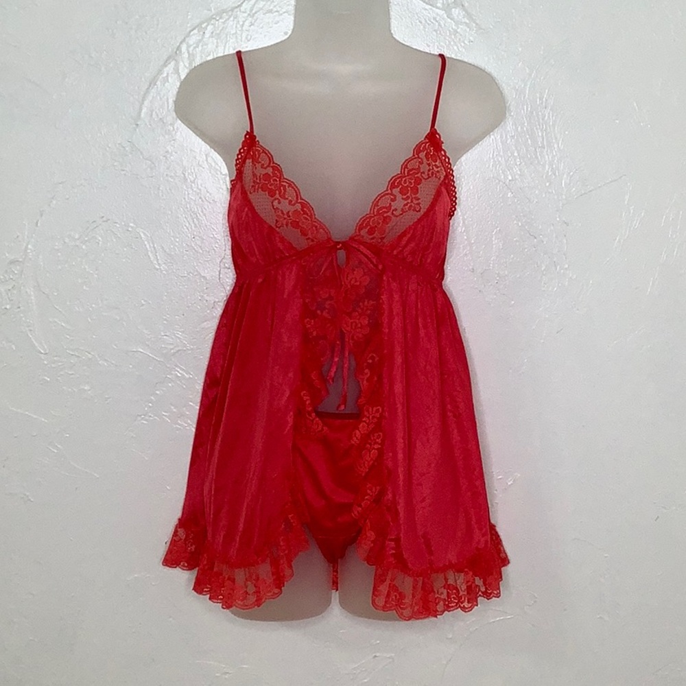 Vintage Erica Loren nylon & lace red open front babydoll w matching panty Size S